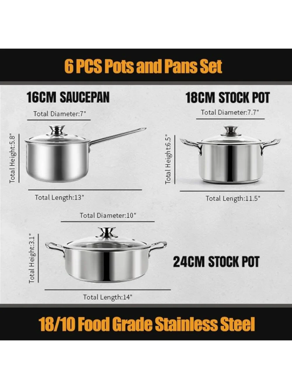 6-Piece Nonstick Stainless Steel Cookware Set for Induction & Gas Cooktops